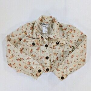 Nicole Miller Girls Floral Denim Jacket Size 4T Cream Cropped Cottagecore